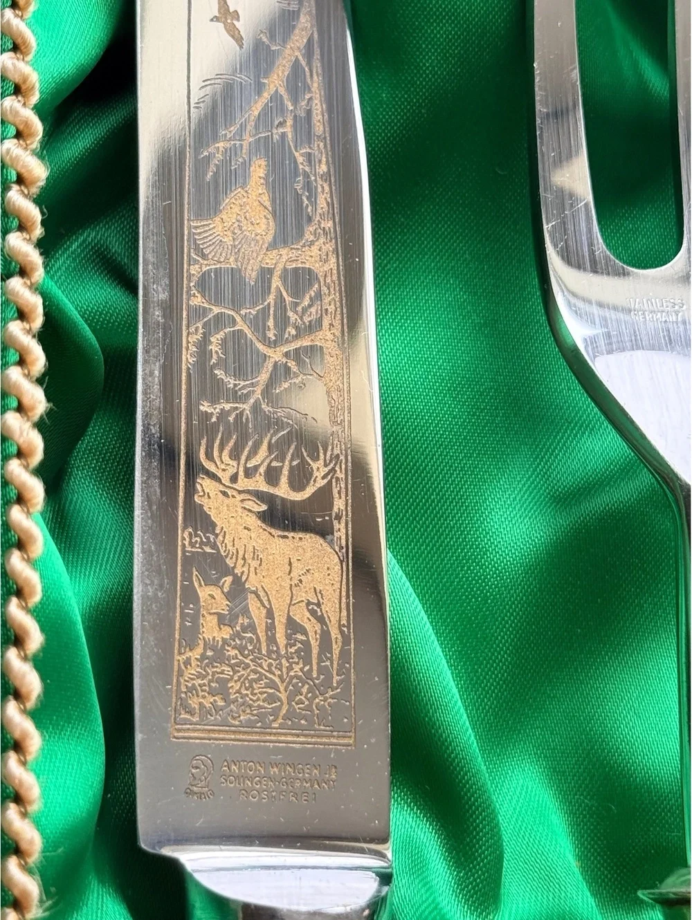 Vintage Anton Wingen Solingen Germany Stag Handle Carving Set Knife Fork Steel
